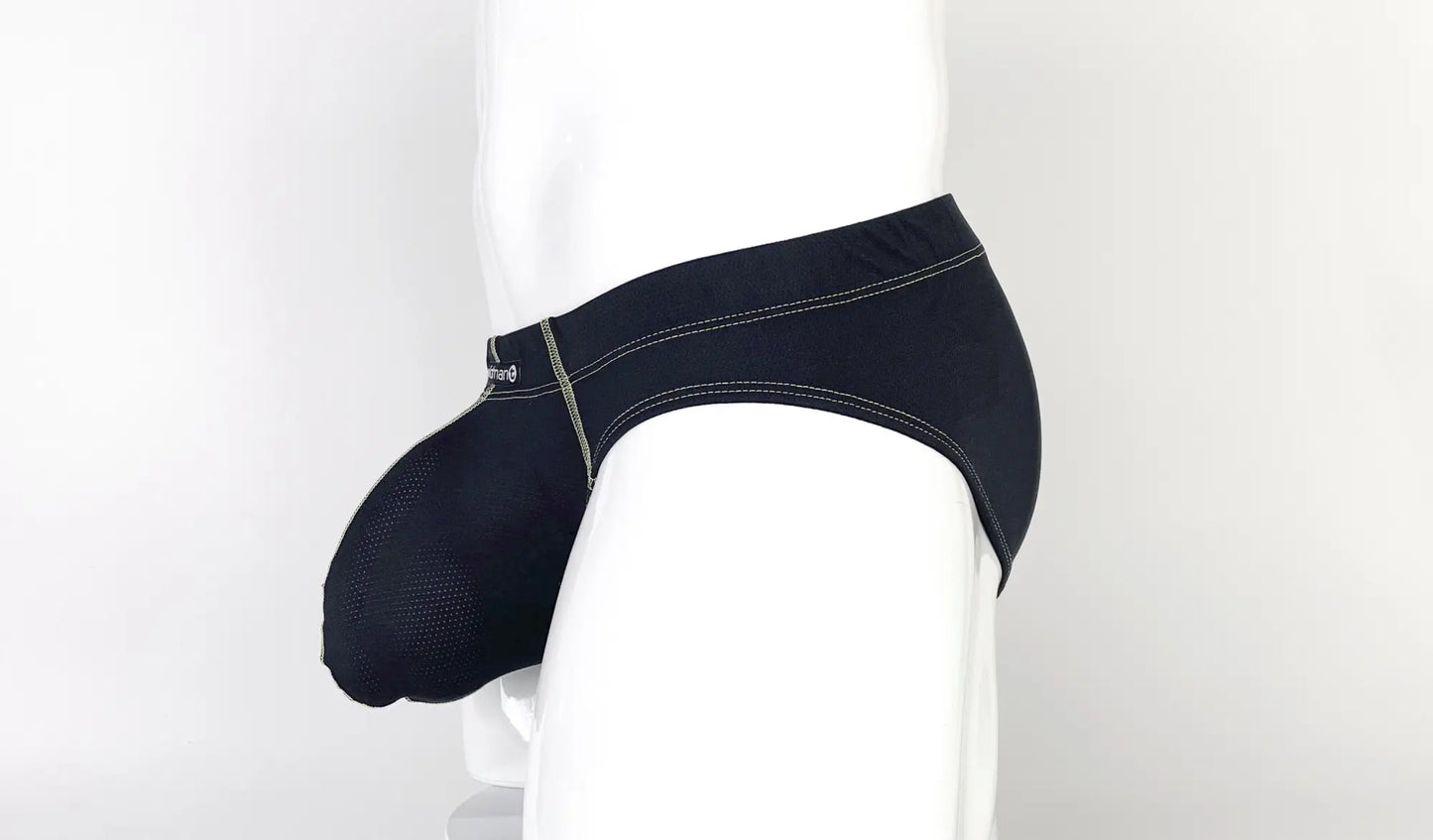 Yellow stitch big boy pouch brief for men with mesh panel and contrasting white stitching for support