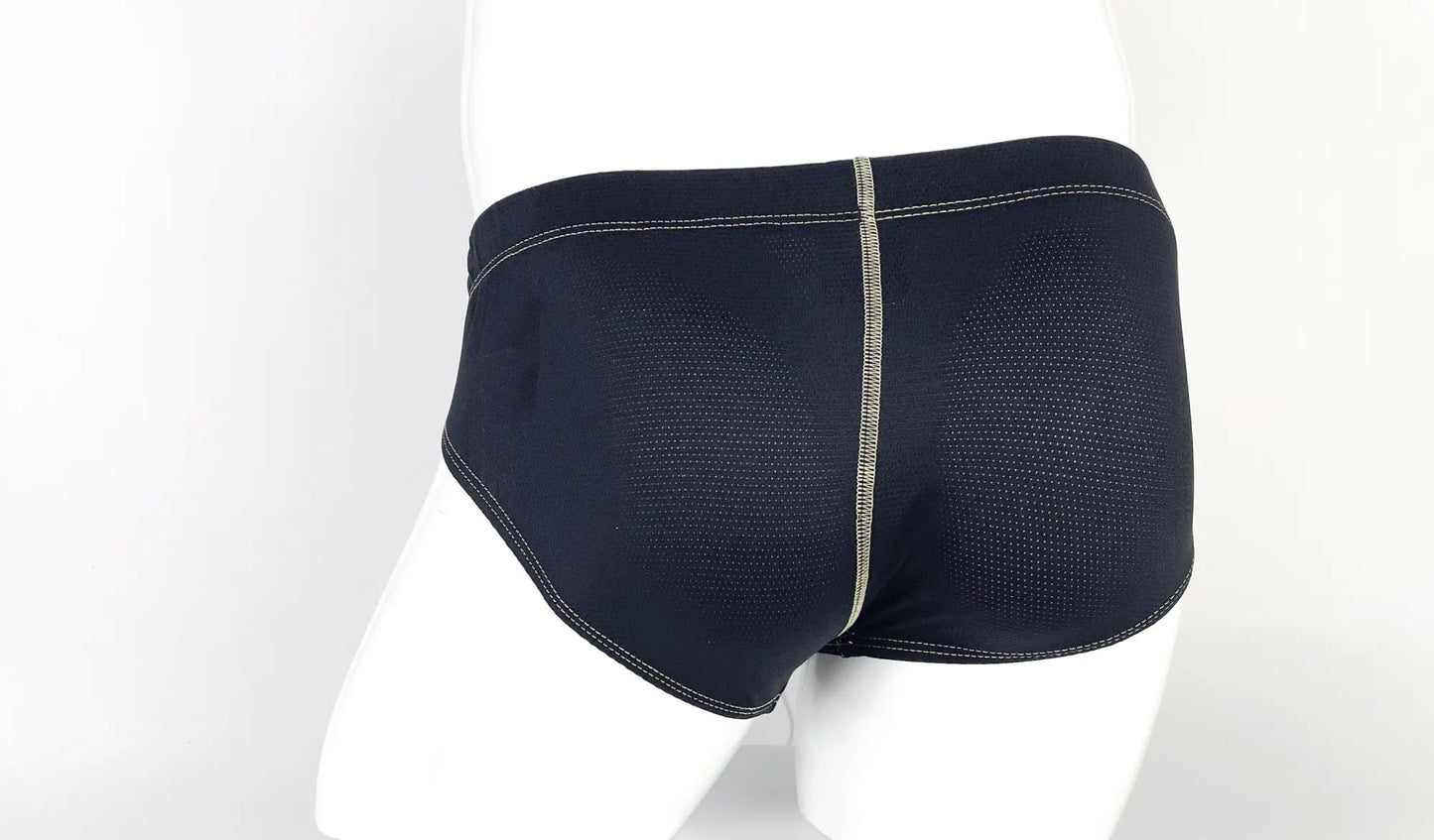 Yellow stitch big boy pouch brief in black mesh with central seam and contrasting stitching on front side
