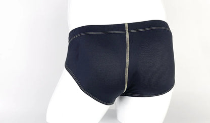 Yellow stitch big boy pouch brief in black mesh with central seam and contrasting stitching on front side