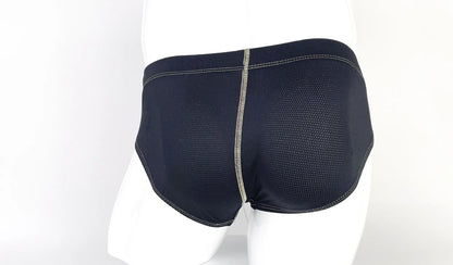 Stitch big boy pouch brief yellow black mesh with central zipper and contrasting white stitching detail