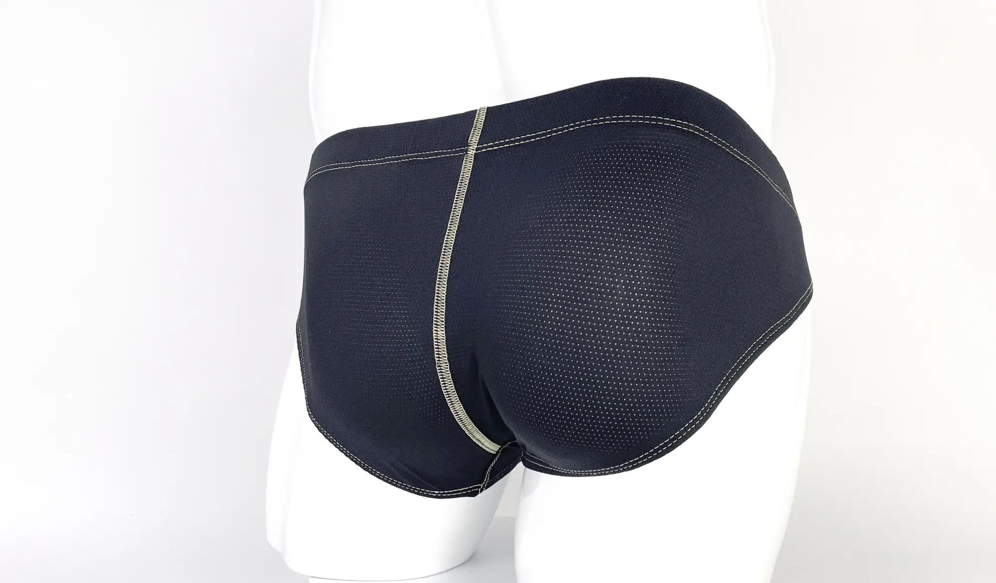 Stitch Big Boy Pouch Brief yellow in black mesh with contrasting silver stitching along the side seam