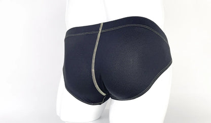 Stitch Big Boy Pouch Brief yellow in black mesh with contrasting silver stitching along the side seam