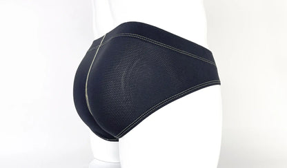Black mesh stitch big boy pouch brief with white stitching edges and yellow pouch detail for comfortable support