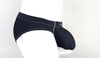 Black mesh stitch big boy pouch brief with white stitching and subtle logo on yellow waistband