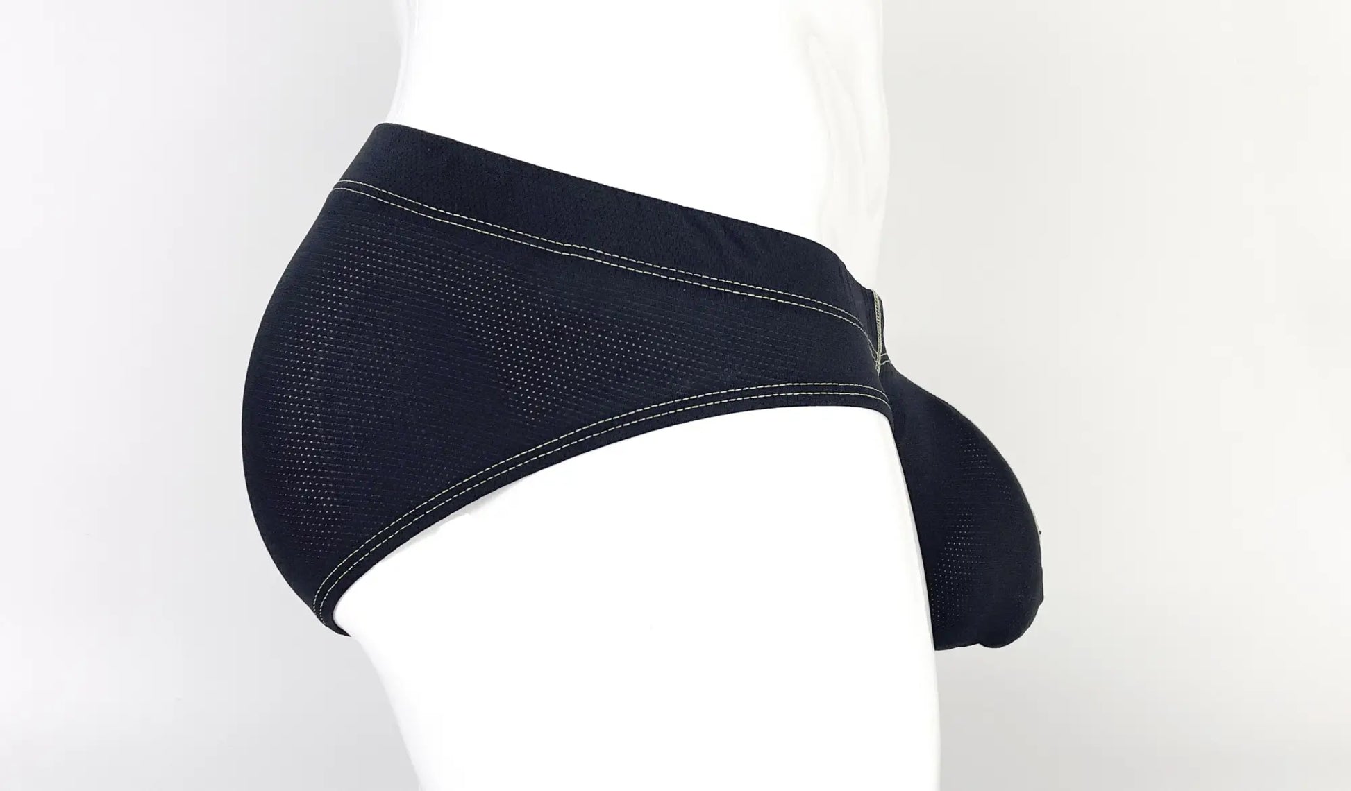 Black mesh stitch big boy pouch brief in yellow with white stitching and supportive pouch design