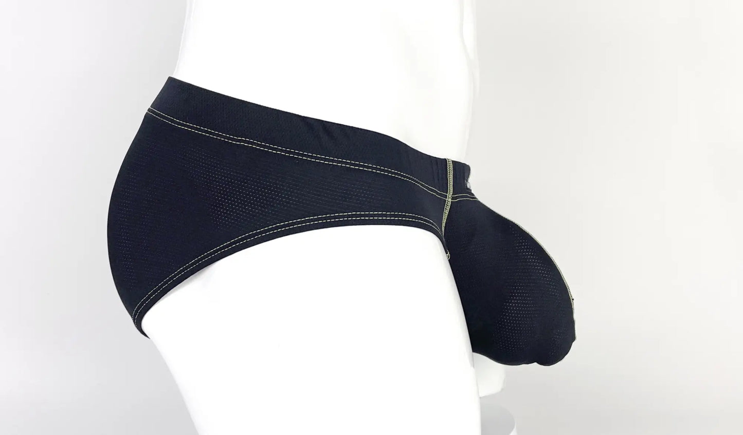 Stitch big boy pouch brief yellow in black mesh with white stitching and supportive contoured design