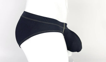 Stitch big boy pouch brief yellow in black mesh with white stitching and supportive contoured design