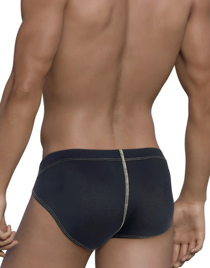 Stitch big boy pouch brief yellow in black textured fabric with a subtle silver seam down the center front