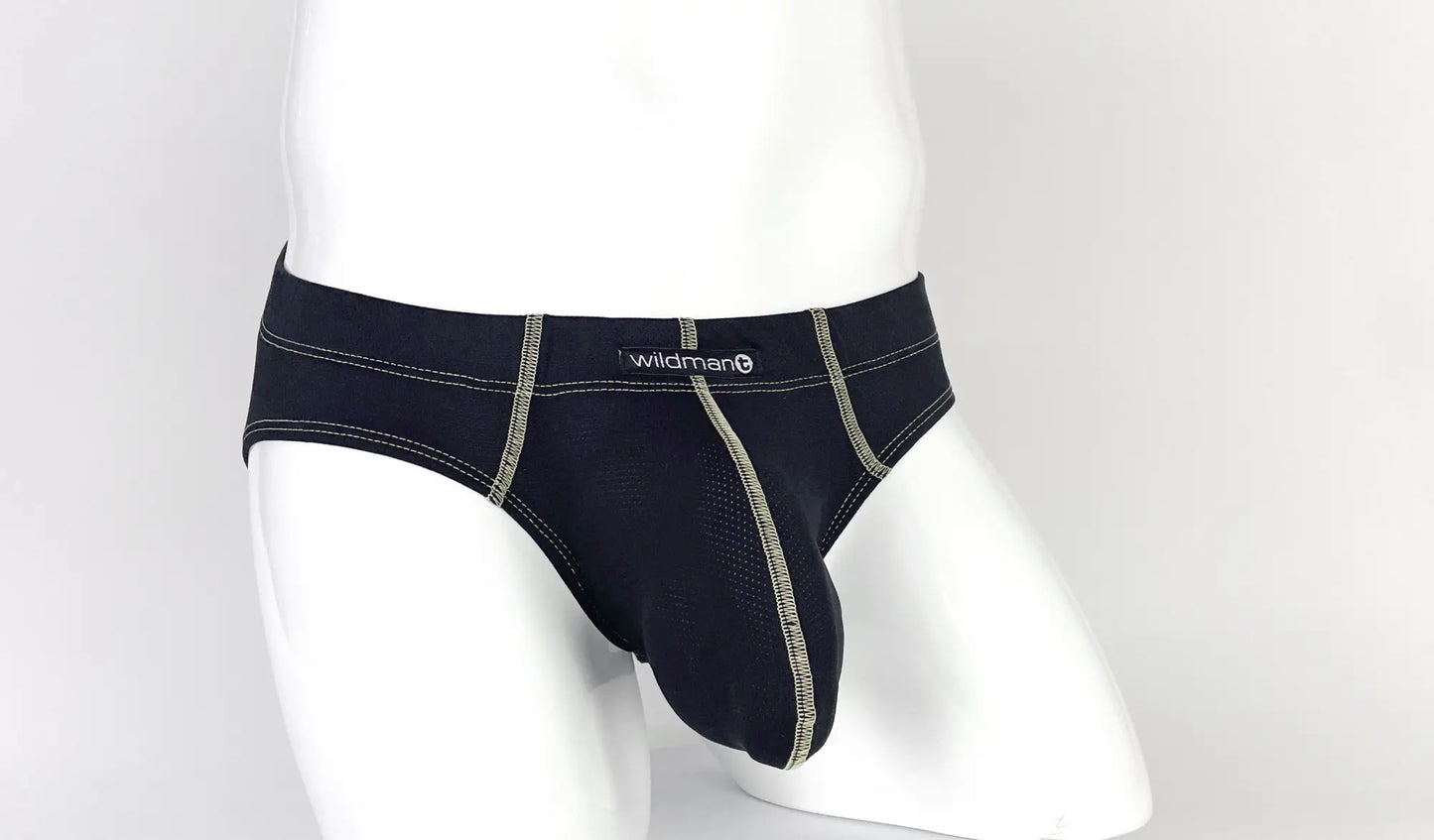Black wildman stitch big boy pouch brief in yellow with contrasting gray stitching and breathable mesh panel