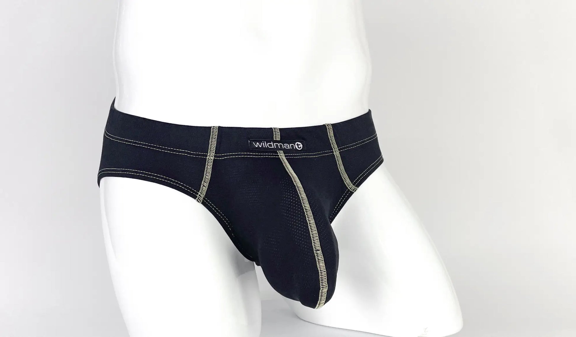 Black wildman stitch big boy pouch brief in yellow with contrasting gray stitching and breathable mesh panel