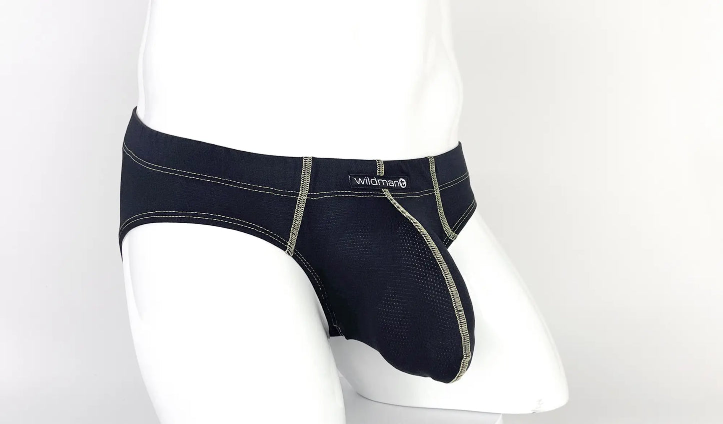 Stitch big boy pouch brief in black with yellow mesh panel and contrasting light gray stitching by black wildman