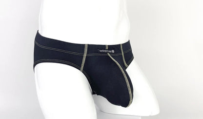 Stitch big boy pouch brief in black with yellow mesh panel and contrasting light gray stitching by black wildman