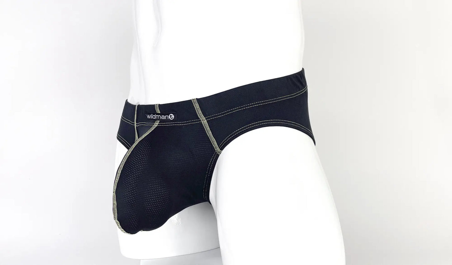 Black wildman brand stitch big boy pouch brief in yellow with mesh panel and contrasting gray stitching