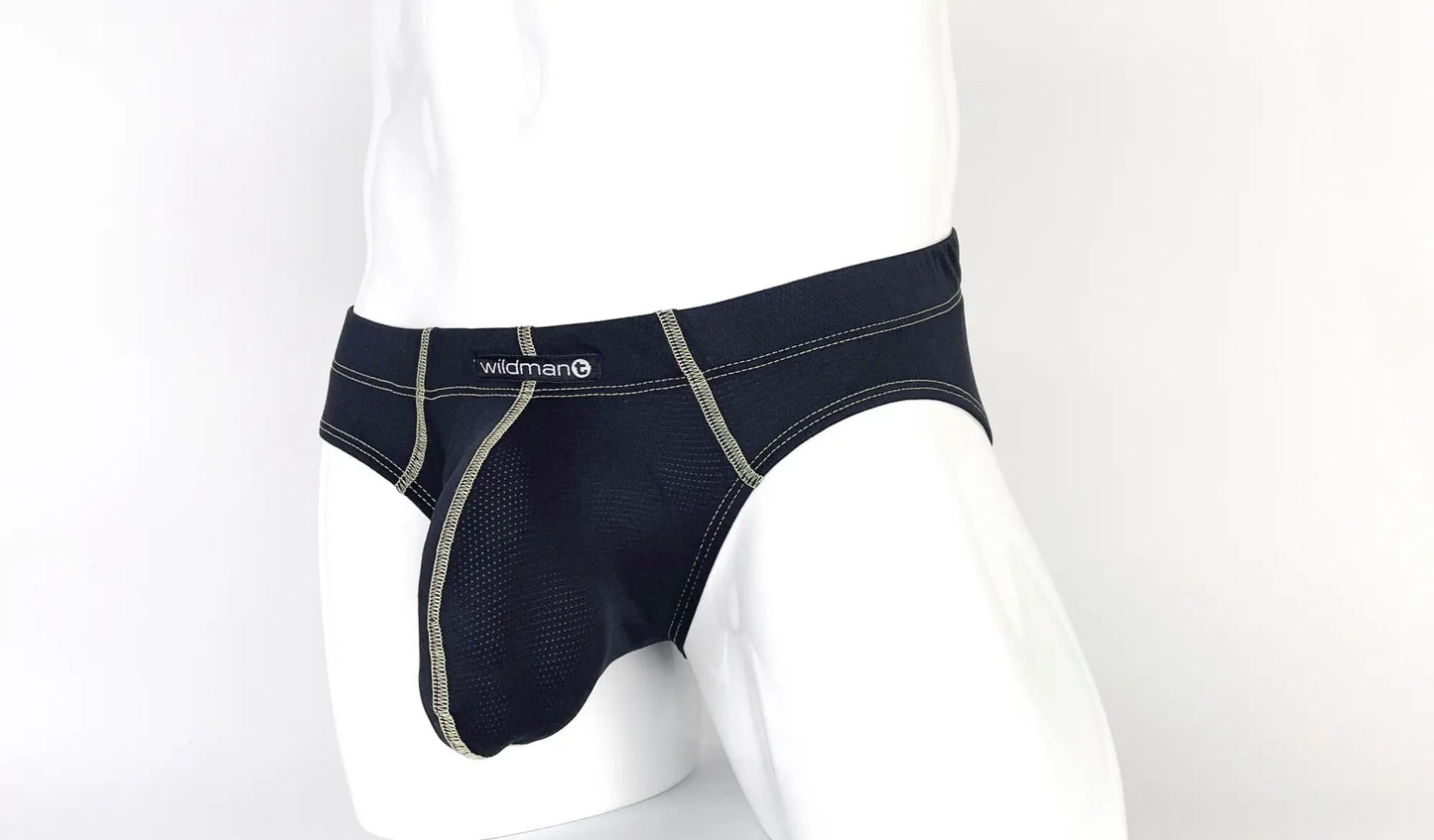 Black wildman stitch big boy pouch brief in yellow with silver stitching and mesh panel for breathable comfort