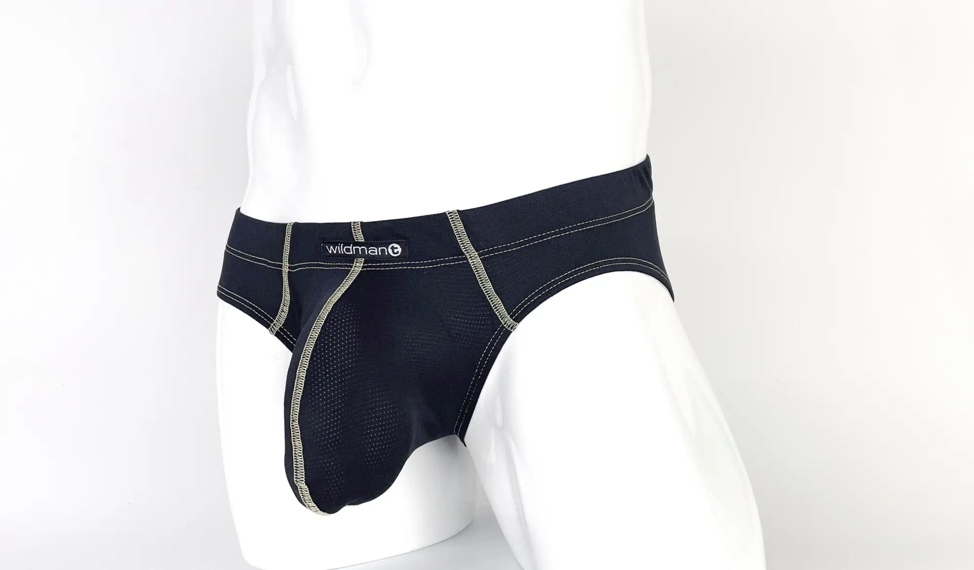 Black wildman stitch big boy pouch brief in yellow with silver stitching and mesh panel for breathable comfort