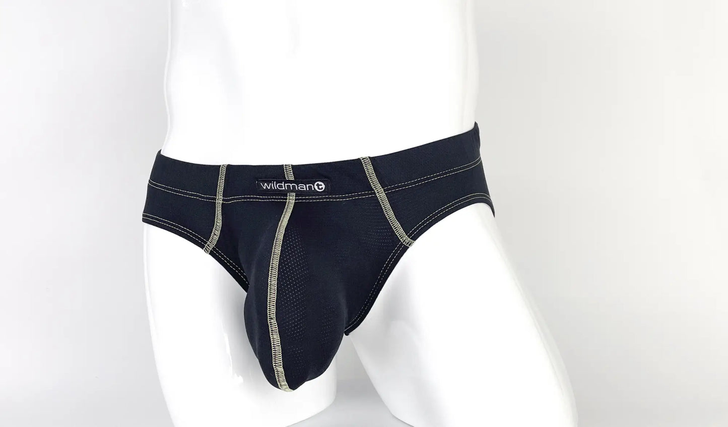 Black wildman stitch big boy pouch brief in yellow with silver stitching and breathable mesh panel for comfort