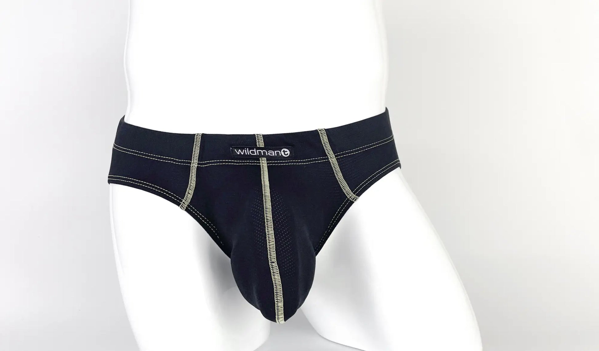 Black wildman stitch big boy pouch brief in yellow with contrasting silver stitching and mesh panel