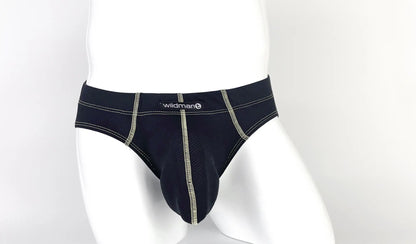 Black wildman stitch big boy pouch brief in yellow with contrasting silver stitching and mesh panel