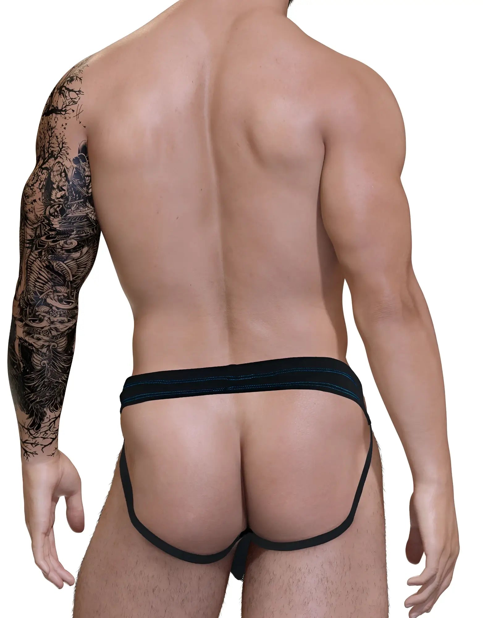 Stitch big boy pouch jock strap in black with snug supportive design and subtle blue trim along the waistband