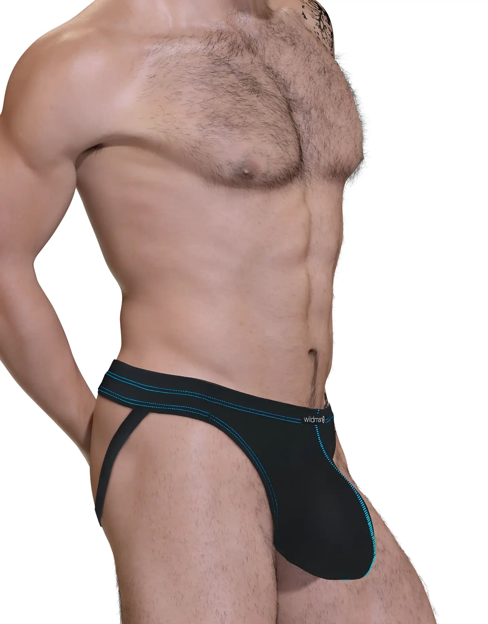 Black athletic briefs with teal stitching and a subtle wicked logo on the waistband from stitch big boy pouch jock strap blue