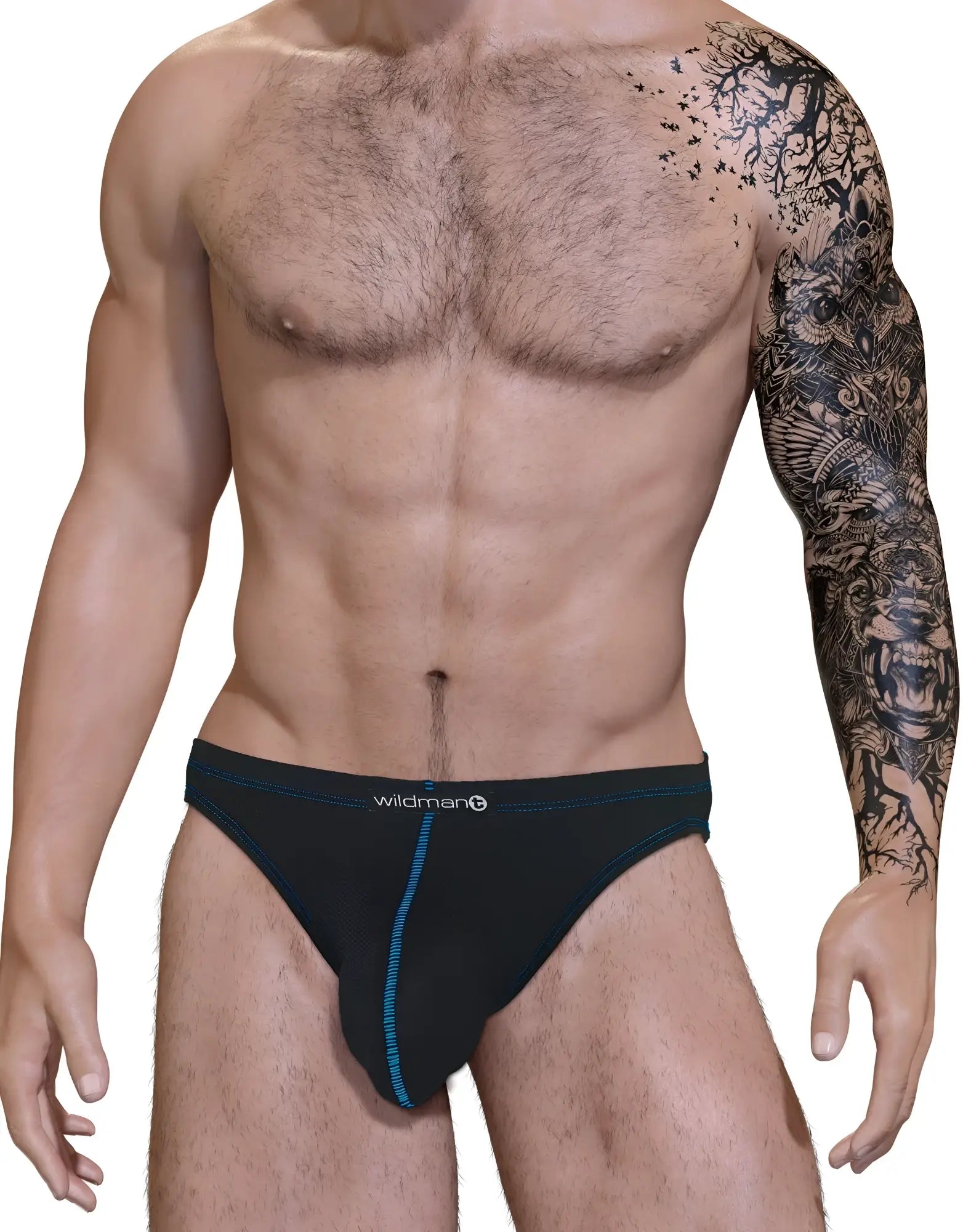 Black stitch big boy pouch jock strap in blue with wildman logo on waistband designed for support and comfort
