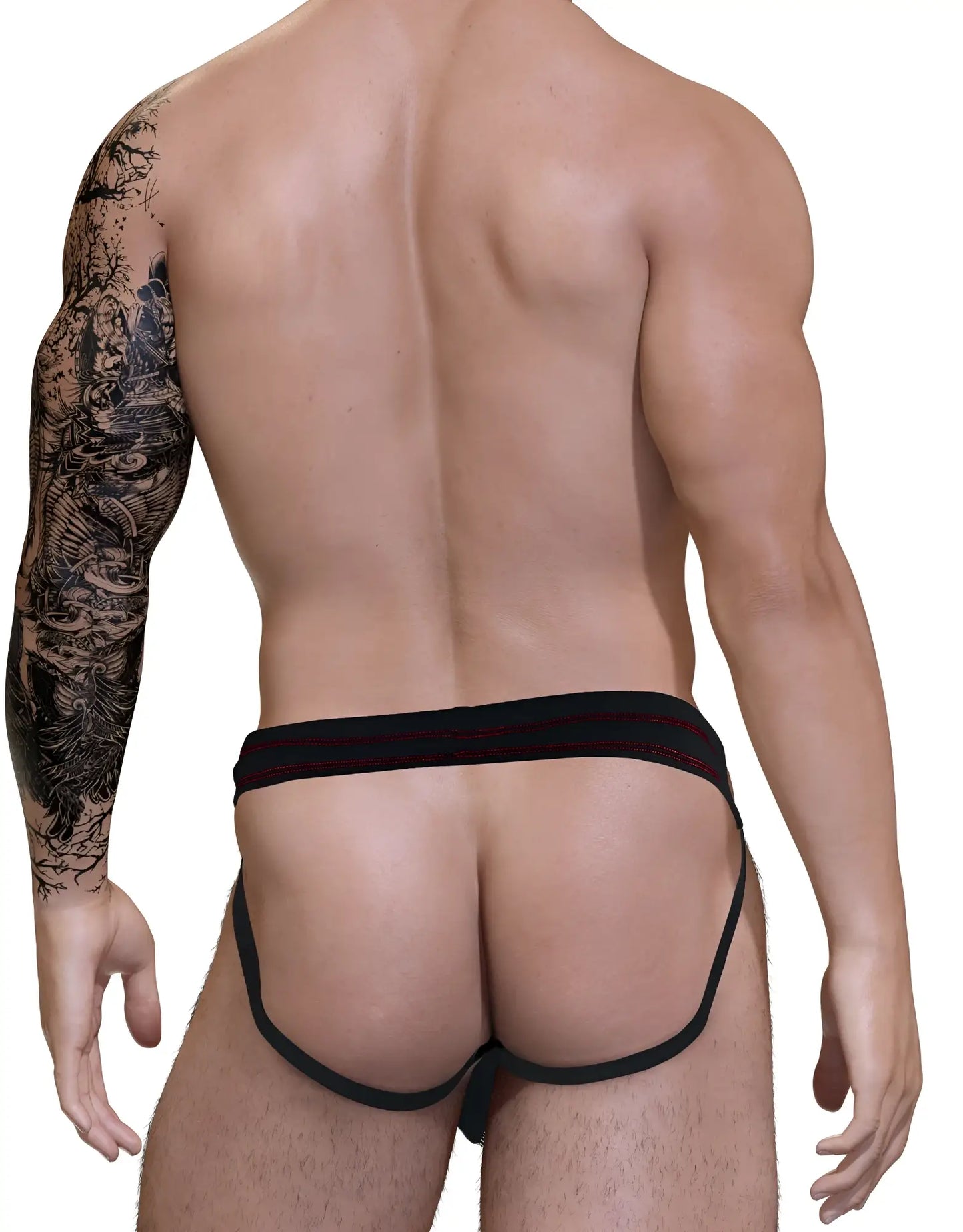 Stitch big boy pouch jock strap in red with black and red striped snug supportive athletic briefs design