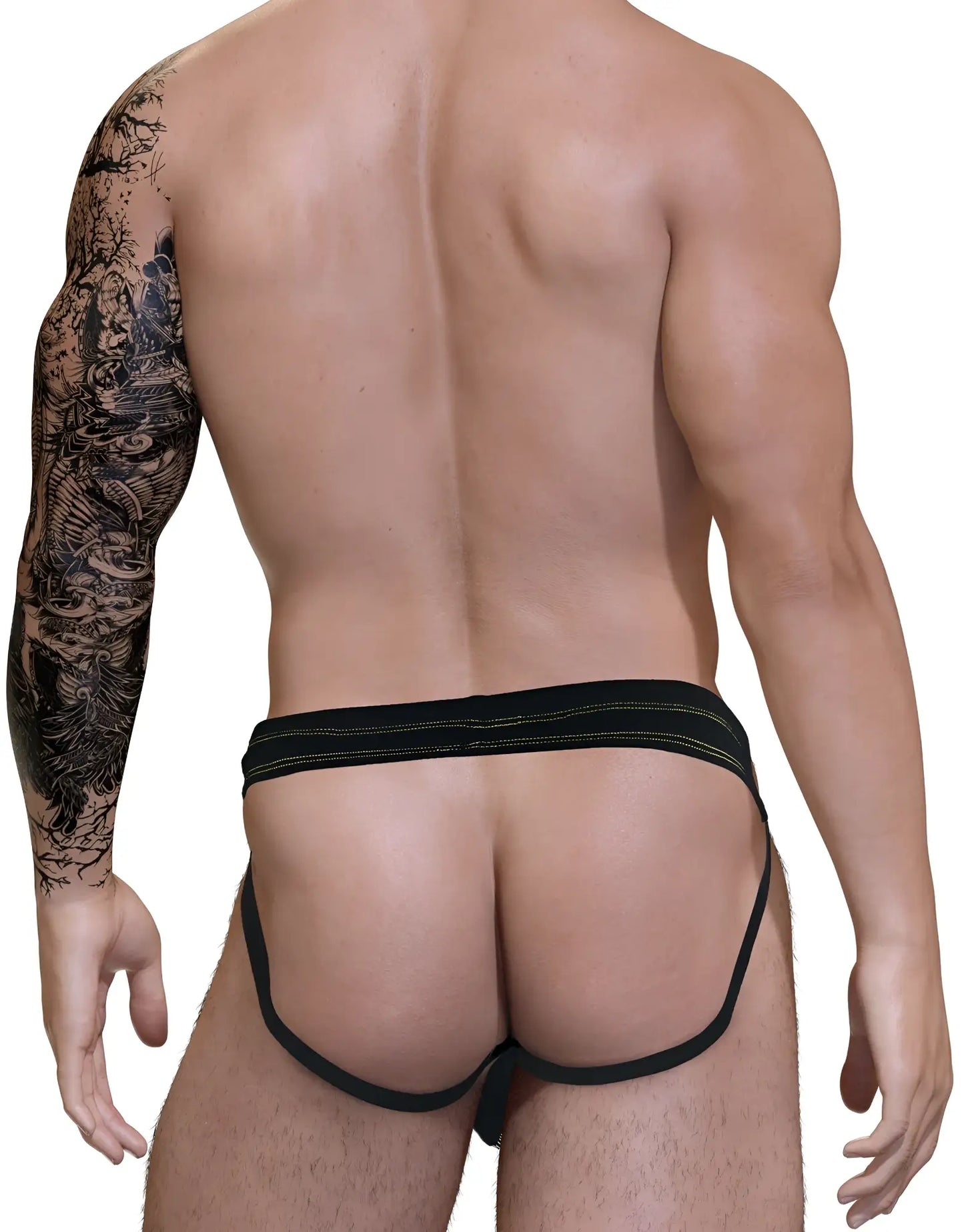 Black stitch big boy pouch jock strap with yellow subtle striped waistband designed for athletic support