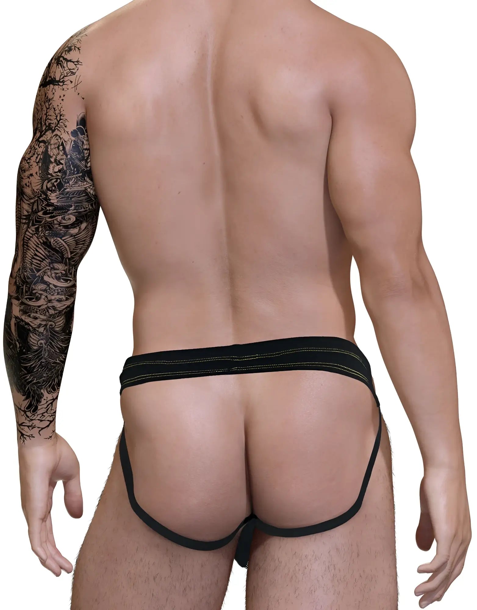 Black stitch big boy pouch jock strap with yellow subtle striped waistband designed for athletic support
