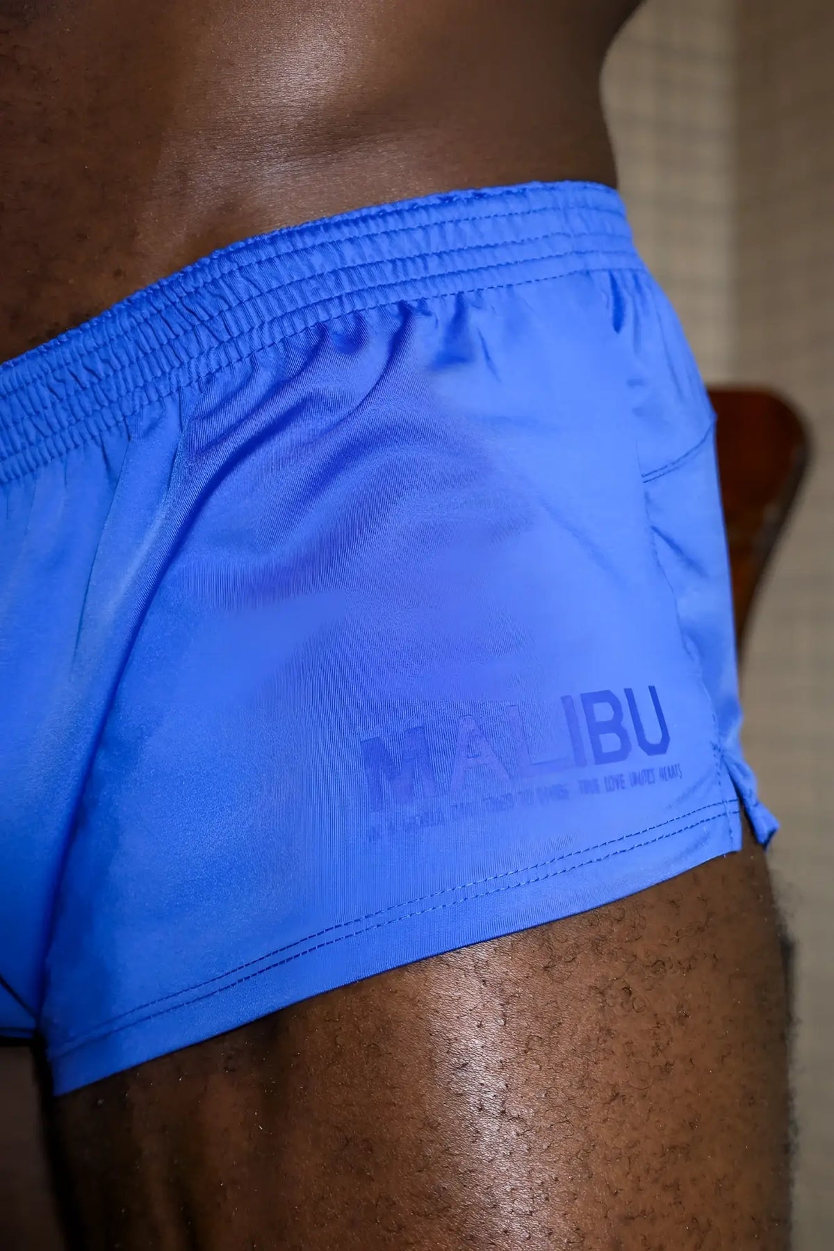 Stretch-it 2 inch athletic short shorts in royal blue with bright blue fabric and subtle malibu logo on the side