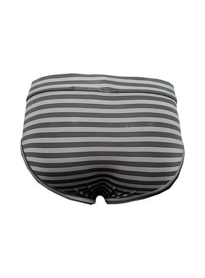 Gray and black striped men’s stretch comfort brief with contoured design for all day wear