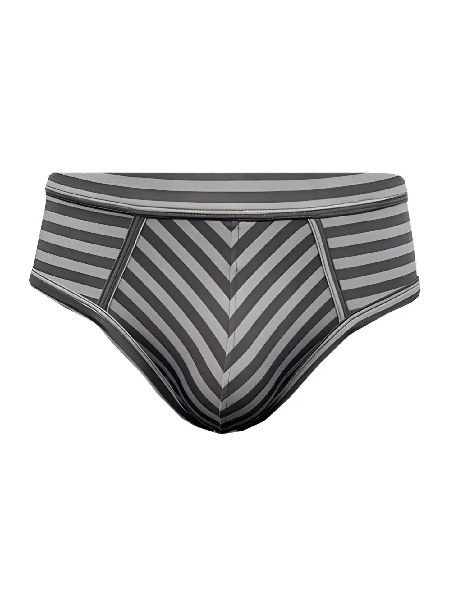 Gray and black striped men’s stretch comfort brief with chevron pattern offering soft breathable fabric