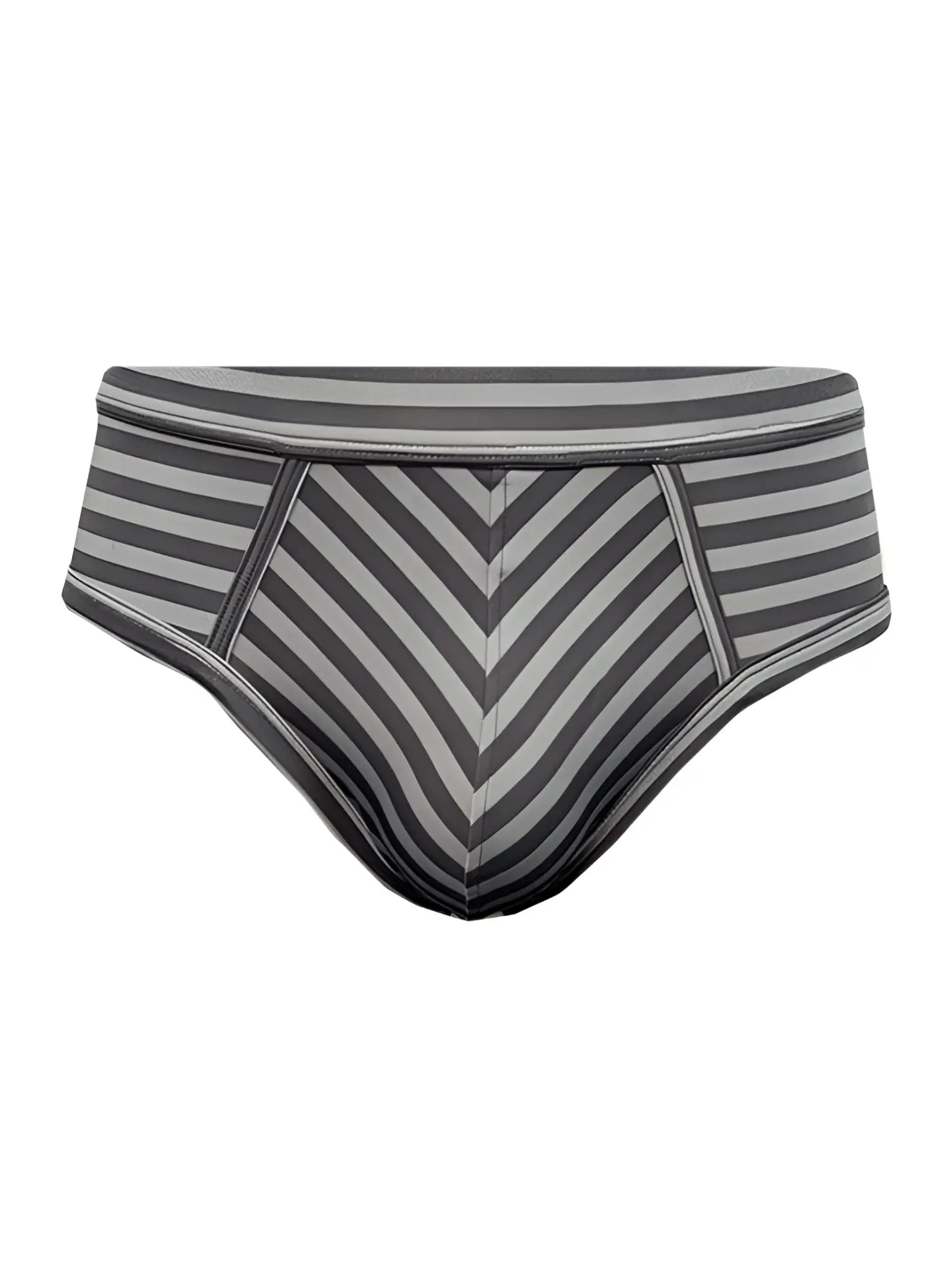 Gray and black striped men’s stretch comfort brief with chevron pattern offering soft breathable fabric