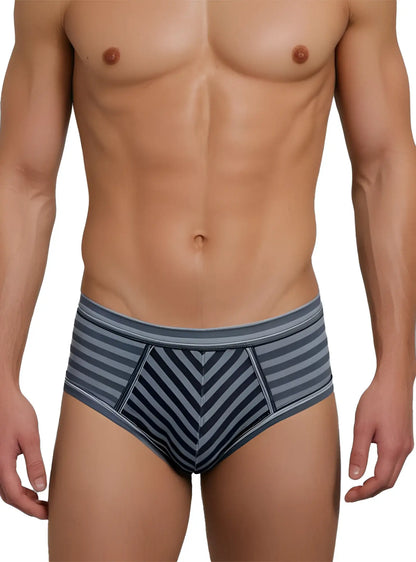 Stretch comfort brief men’s gray and navy blue striped briefs with chevron pattern for flexible everyday support