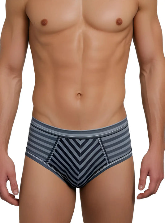 Stretch comfort brief men’s gray and navy blue striped briefs with chevron pattern for flexible everyday support