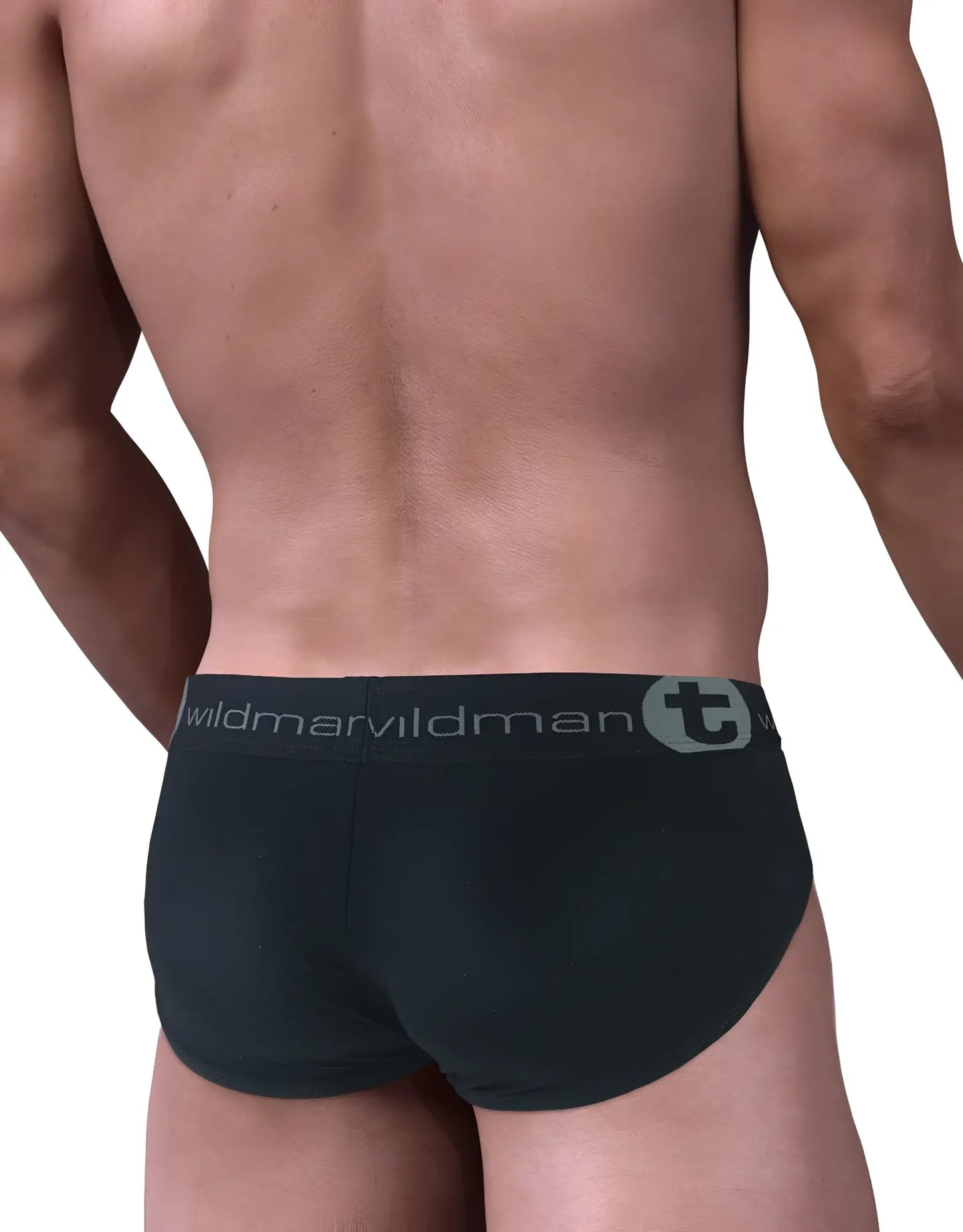 Black stretch cotton big boy pouch brief with wildman logo gray elastic waistband and stylized t emblem