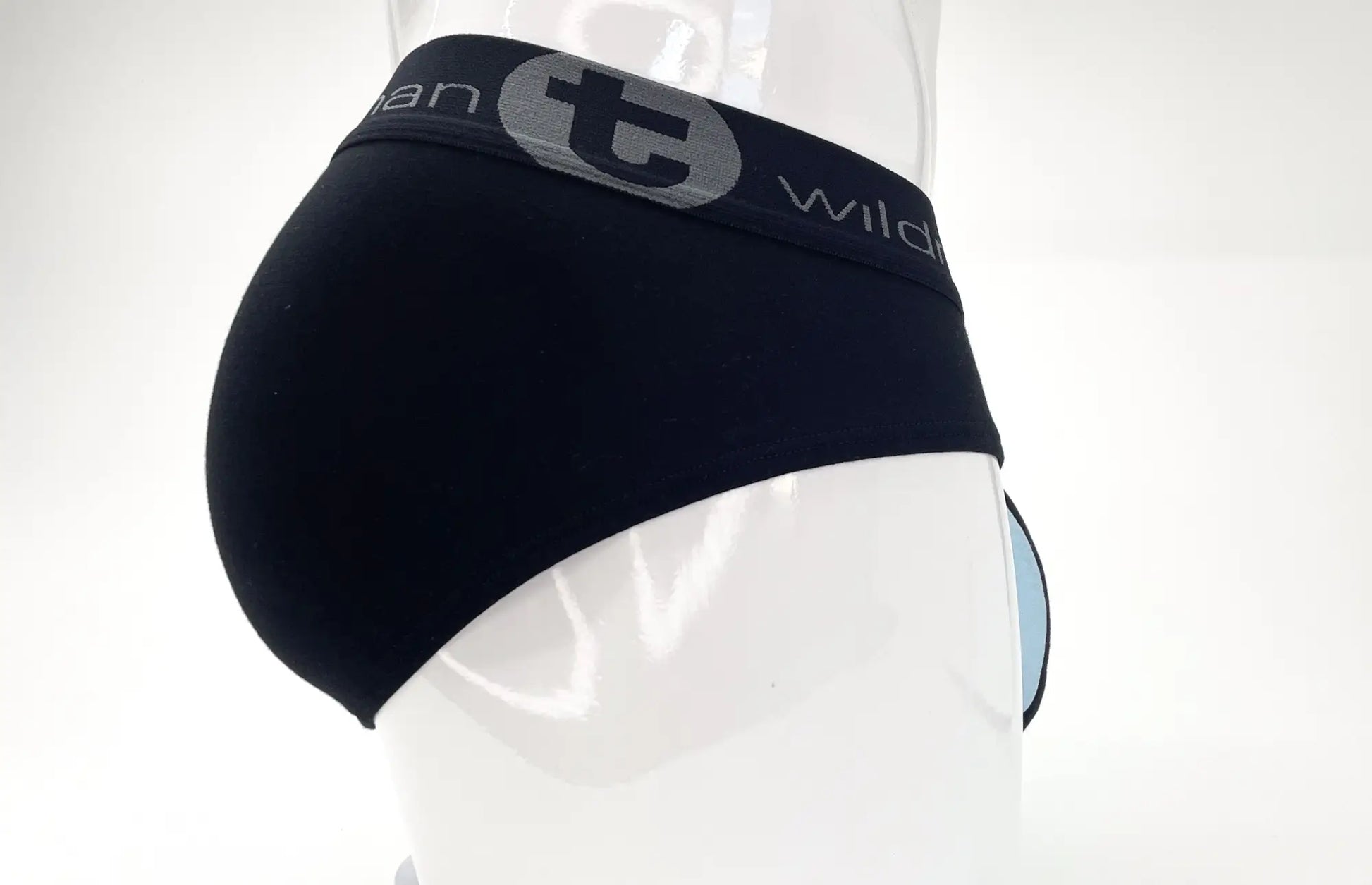 Black stretch cotton big boy pouch brief with gray elastic waistband featuring t logo and wild text