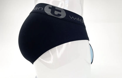 Black stretch cotton big boy pouch brief with gray elastic waistband featuring t logo and wild text