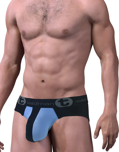 Black and light blue stretch cotton big boy pouch brief with branded waistband for athletic support