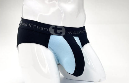 Black and light blue stretch cotton big boy pouch briefs with a branded elastic waistband for comfortable support