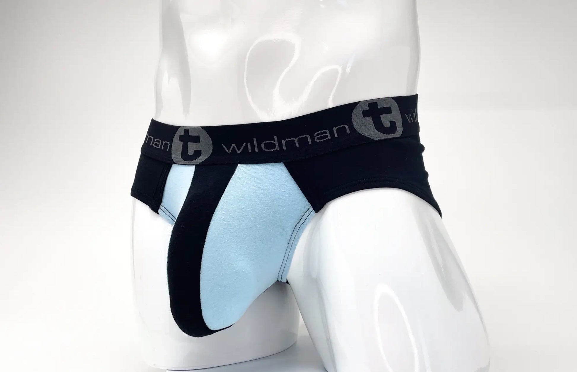 Black and light blue stretch cotton big boy pouch briefs with branded elastic waistband for men