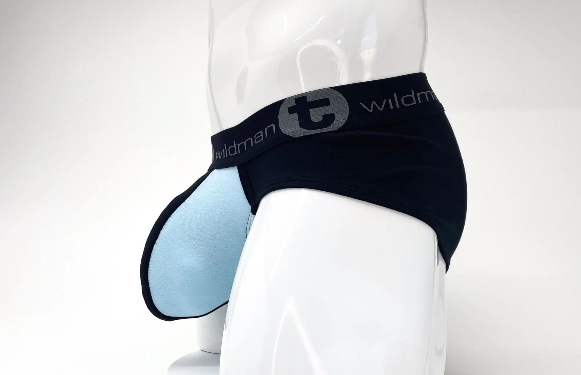 Black and light blue stretch cotton big boy pouch briefs with branded elastic waistband for men