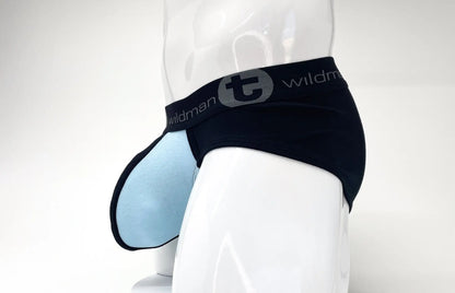 Black and light blue stretch cotton big boy pouch briefs with branded elastic waistband for men