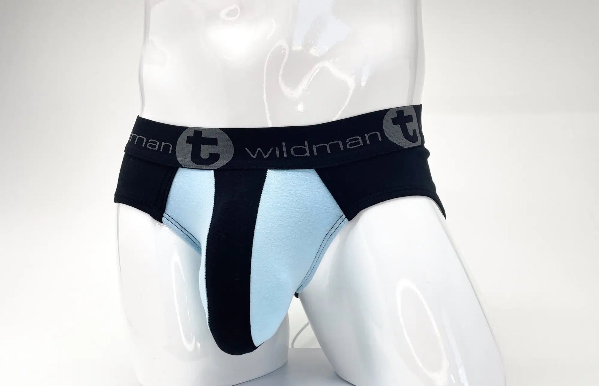 Black and light blue stretch cotton big boy pouch briefs with branded elastic waistband for men