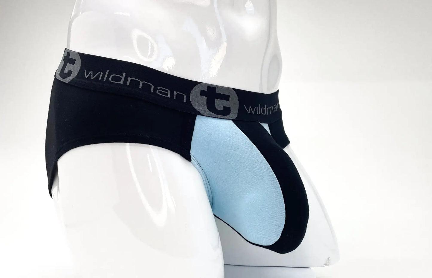 Black and light blue stretch cotton big boy pouch briefs with branded elastic waistband front view