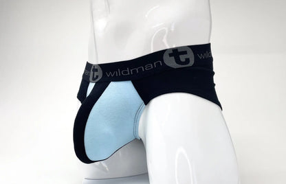 Black and light blue stretch cotton big boy pouch briefs with branded wildman waistband for comfort and support