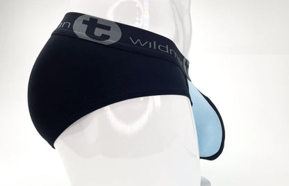 Black and light blue stretch cotton big boy pouch briefs with a gray wildman logo band for men