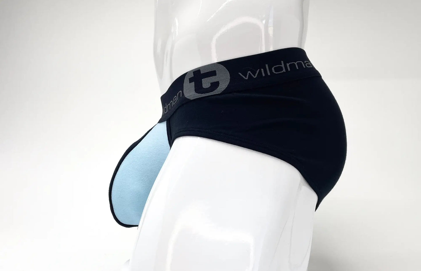 Stretch cotton big boy pouch briefs in black and light blue with gray wildman logo on the waistband