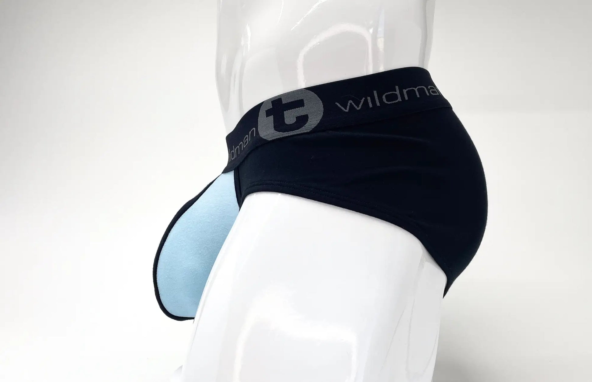 Stretch cotton big boy pouch briefs in black and light blue with gray wildman logo on the waistband