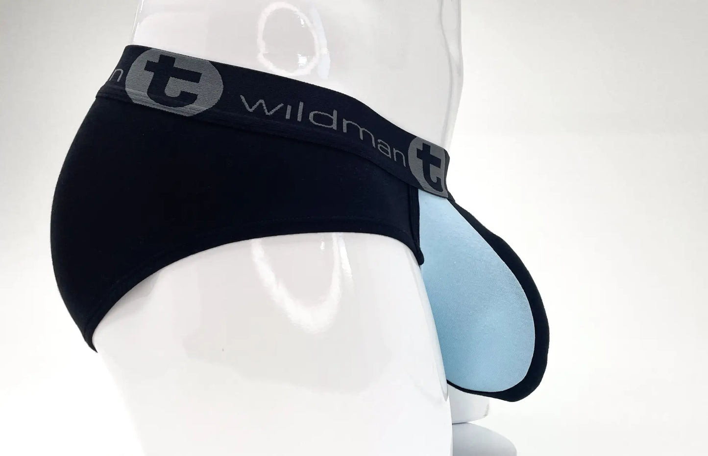 Black and light blue stretch cotton big boy pouch briefs with branded elastic waistband for men