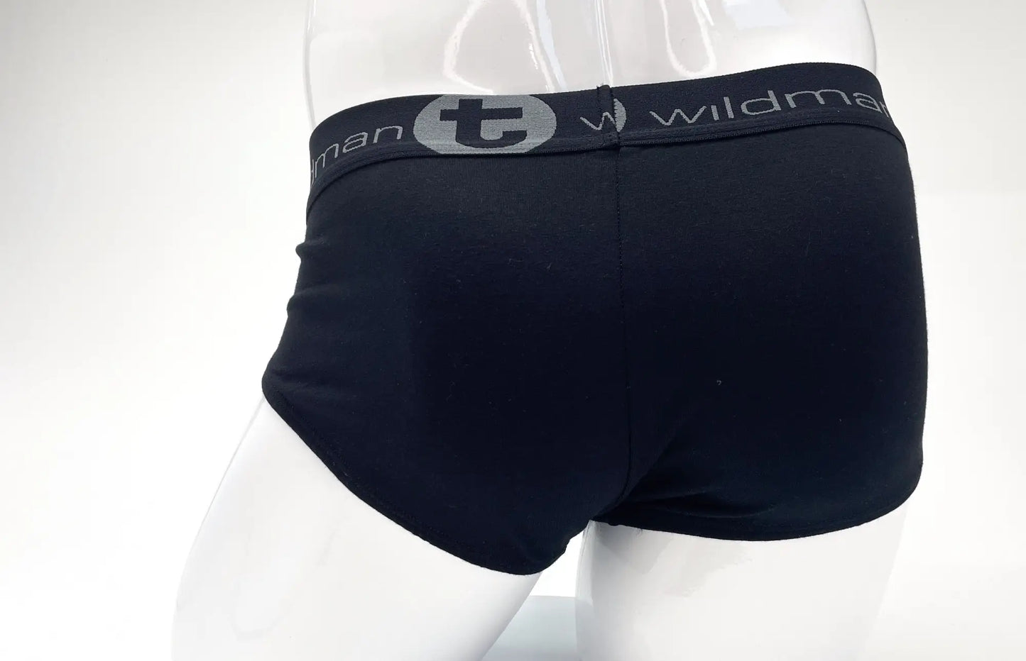 Black stretch cotton big boy pouch briefs with gray wildman logo waistband in black and blue colors